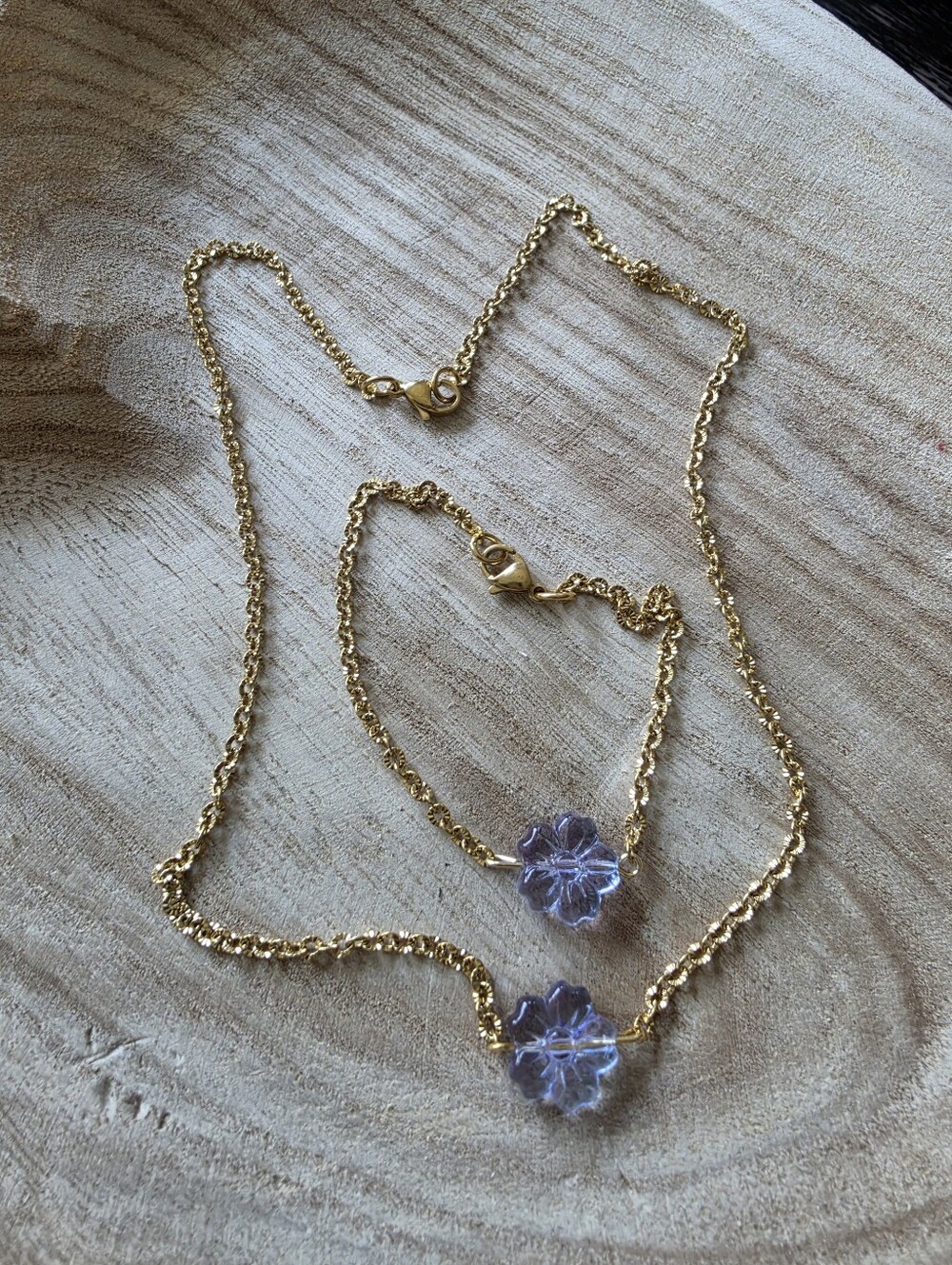 Gold Chain Necklace and Bracelet Set with Lavender Flower Charms